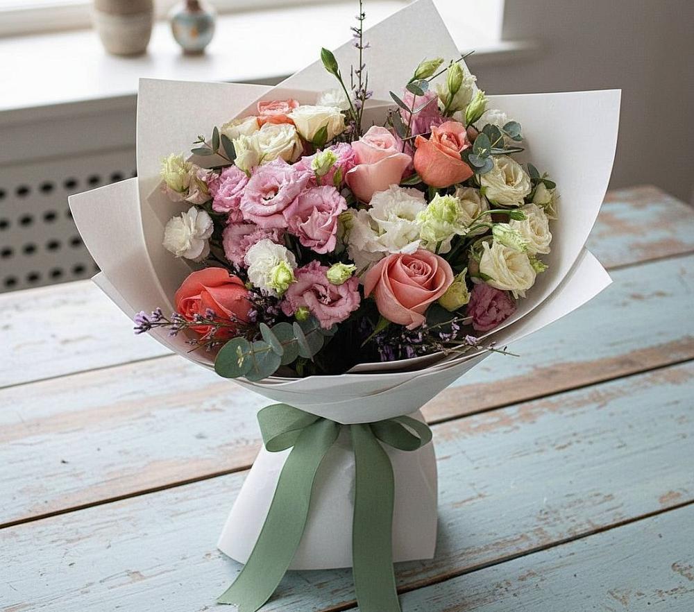 Букет цветов из: Розы, Лизиантусы и Гвоздики в Воле