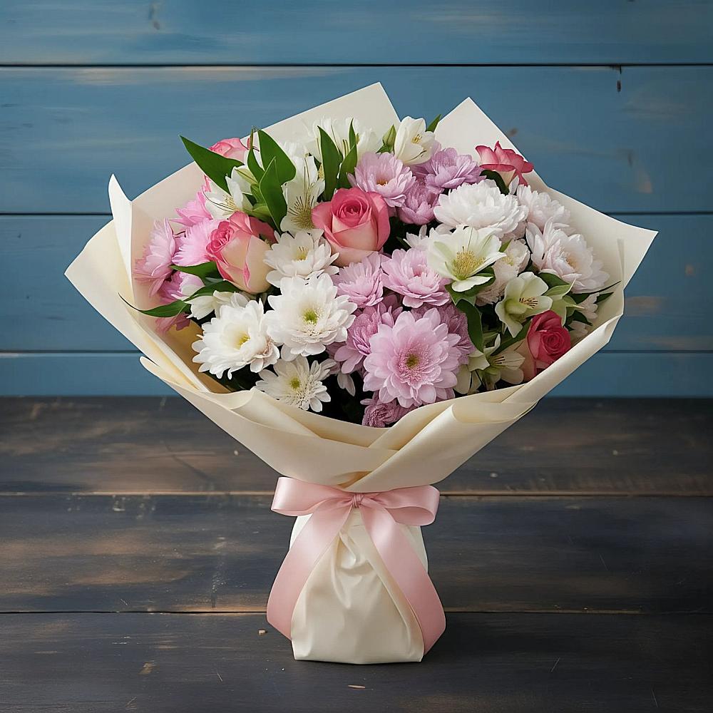 Букет цветов из: Хризантемы, Альстромерии и Розы в Воле